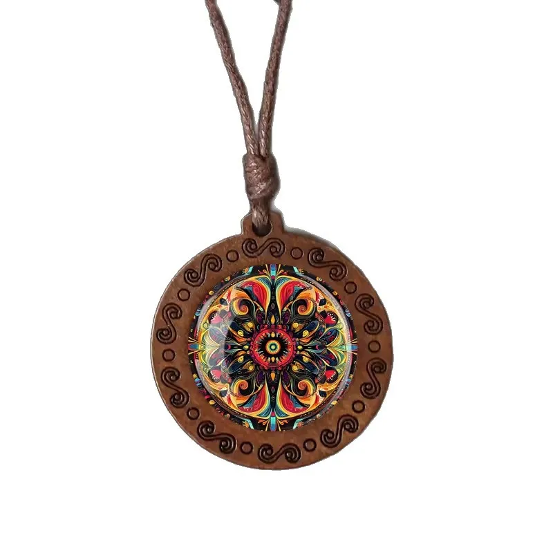 Mandala Flower of Life Wooden Pendant Necklace – Brown Waxed Cord, Vintage Sweater Jewelry, Bohemian Spiritual Accessory for Women